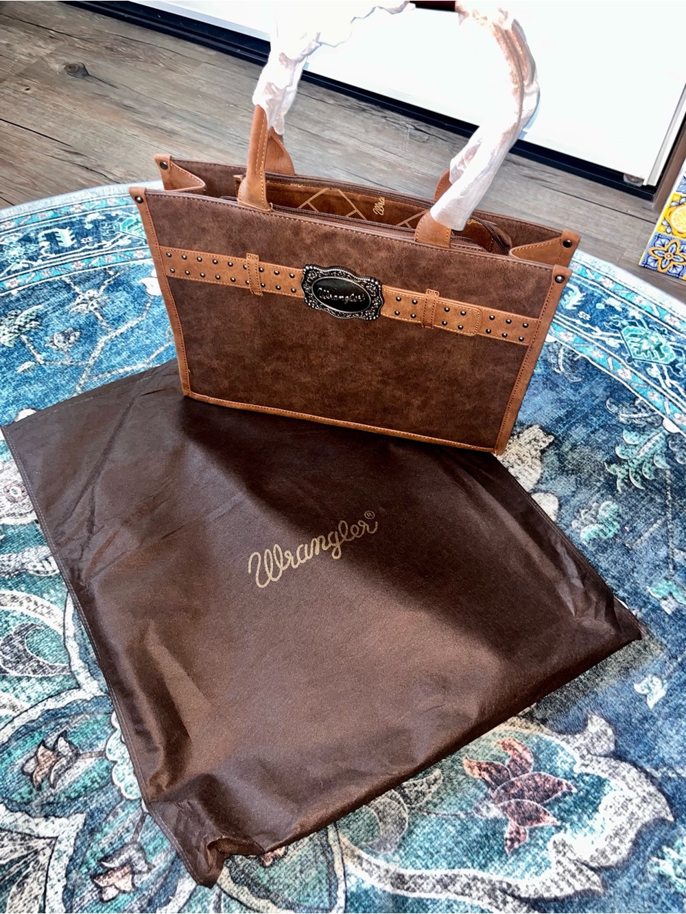 Women’s Wrangler Buckle Concealed Carry Large Tote PU Leather Tote Bag - Coffee